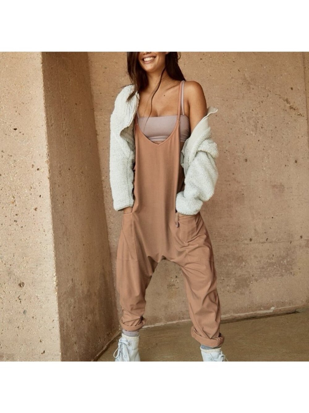 Free People Movement Hot Shot Pant Jumpsuit Toasted Coconut Orange Womens Medium